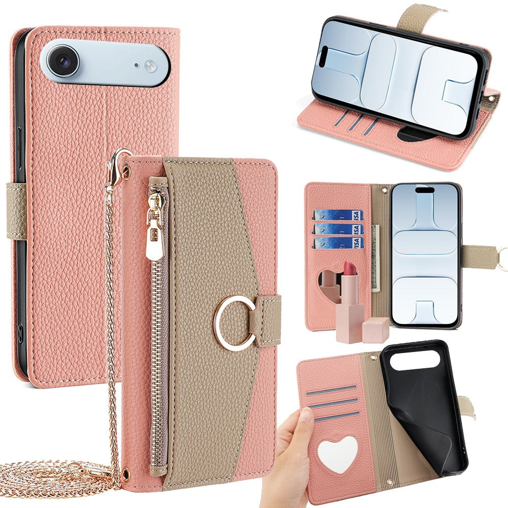 iPhone Air Wallet-Hülle – Litschi-Textur, mit Spiegel & Kettenschultergurt