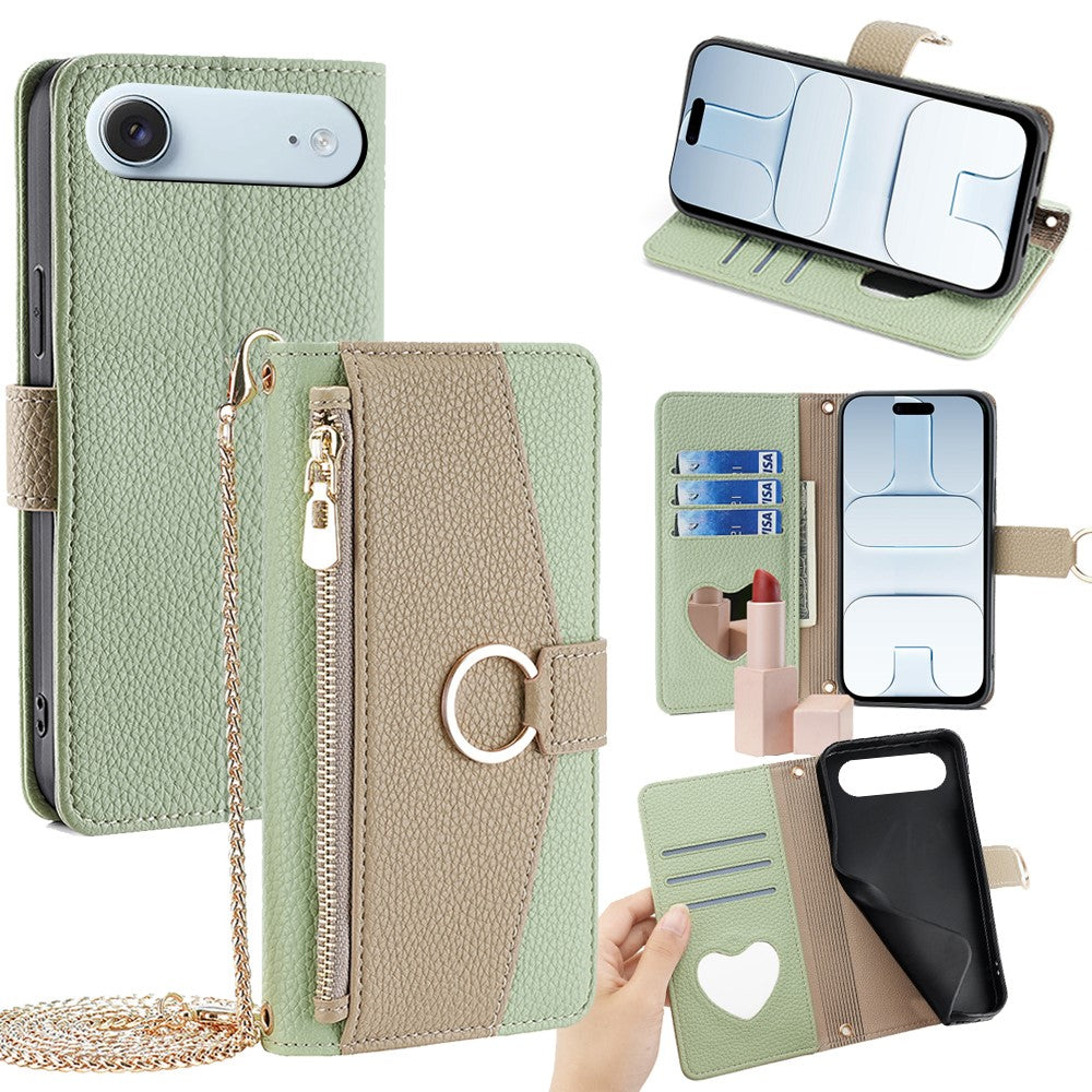 iPhone Air Wallet-Hülle – Litschi-Textur, mit Spiegel & Kettenschultergurt