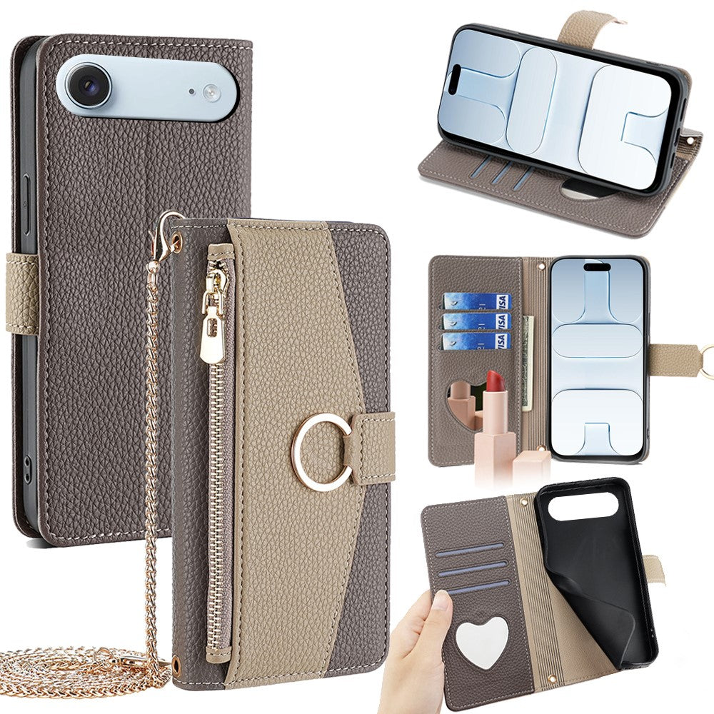 iPhone Air Wallet-Hülle – Litschi-Textur, mit Spiegel & Kettenschultergurt