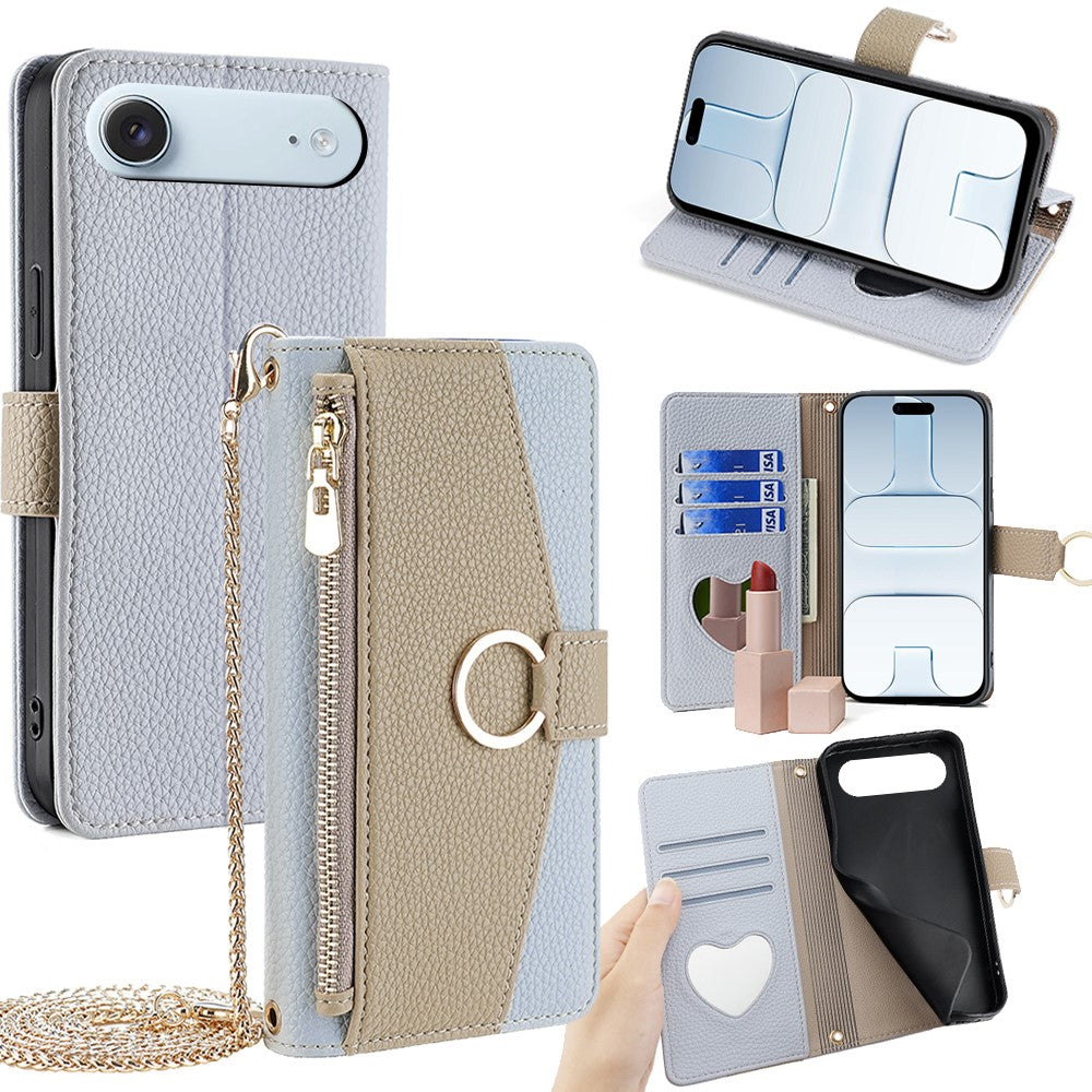 iPhone Air Wallet-Hülle – Litschi-Textur, mit Spiegel & Kettenschultergurt