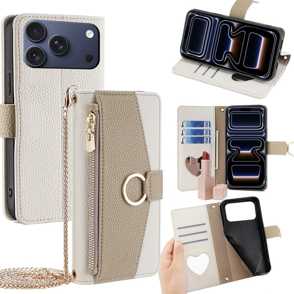 iPhone 17 Pro Wallet-Hülle – Litschi-Textur, mit Spiegel & Kettenschultergurt