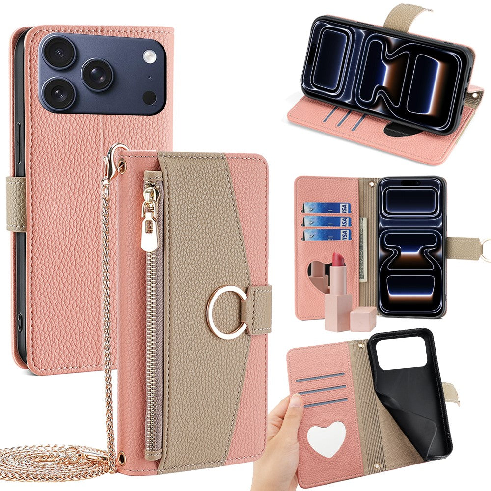 iPhone 17 Pro Wallet-Hülle – Litschi-Textur, mit Spiegel & Kettenschultergurt