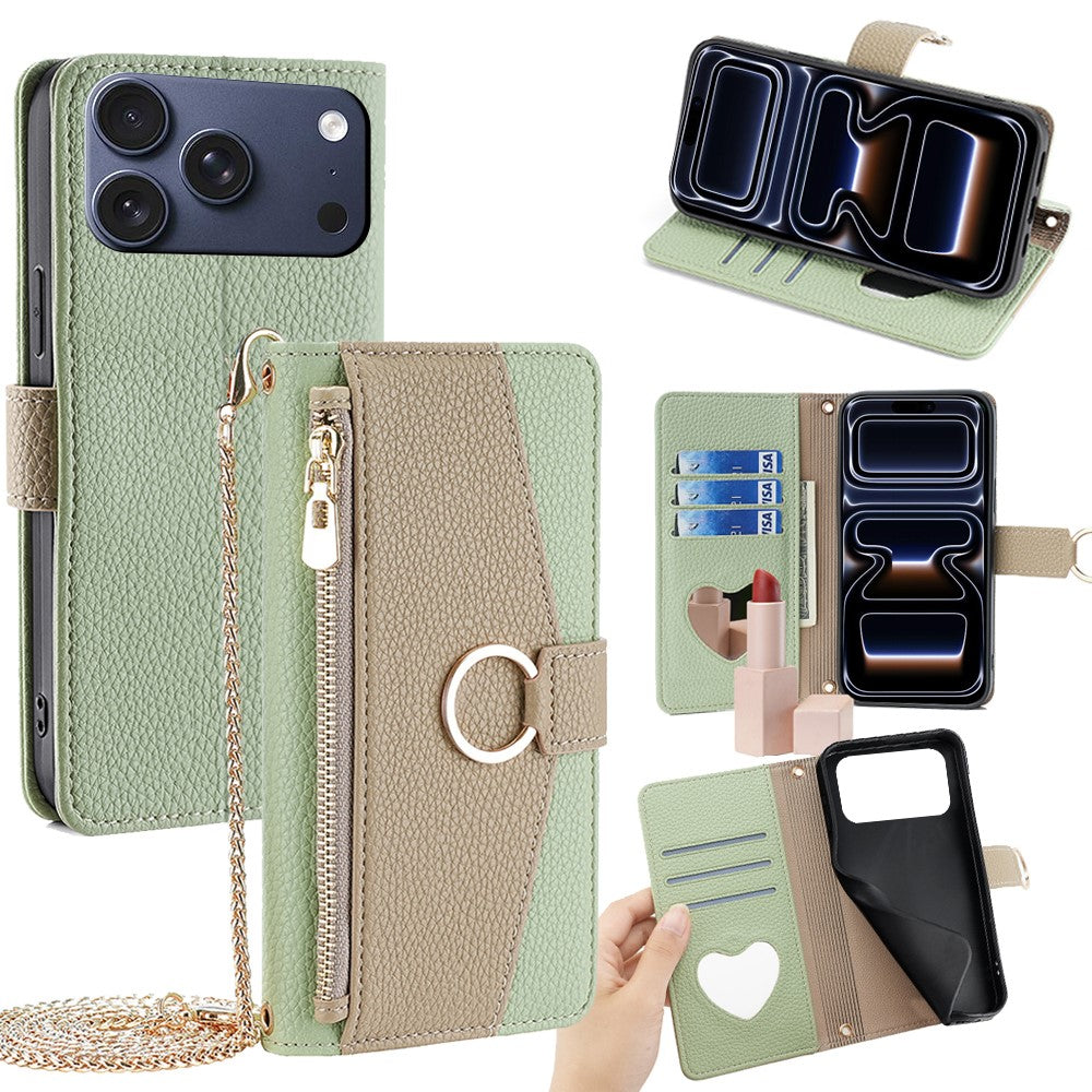 iPhone 17 Pro Wallet-Hülle – Litschi-Textur, mit Spiegel & Kettenschultergurt