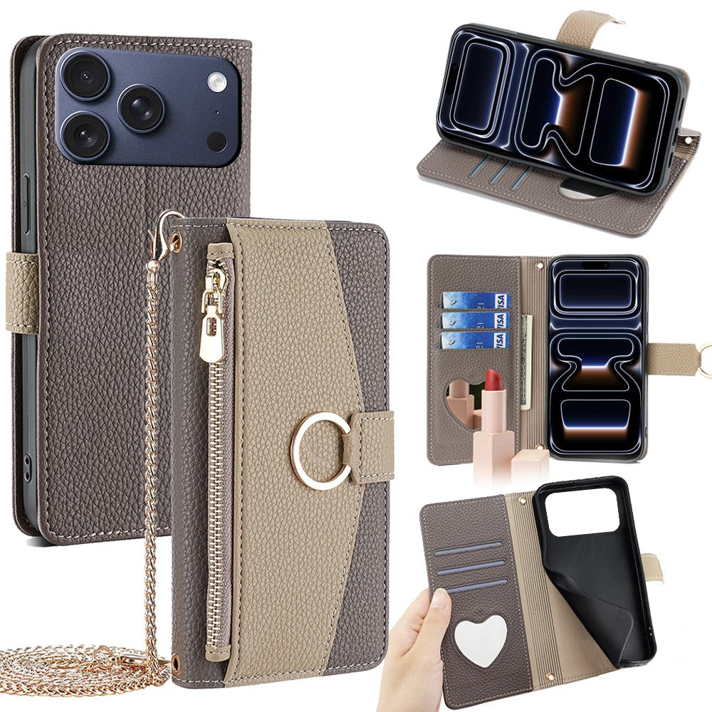 iPhone 17 Pro Wallet-Hülle – Litschi-Textur, mit Spiegel & Kettenschultergurt
