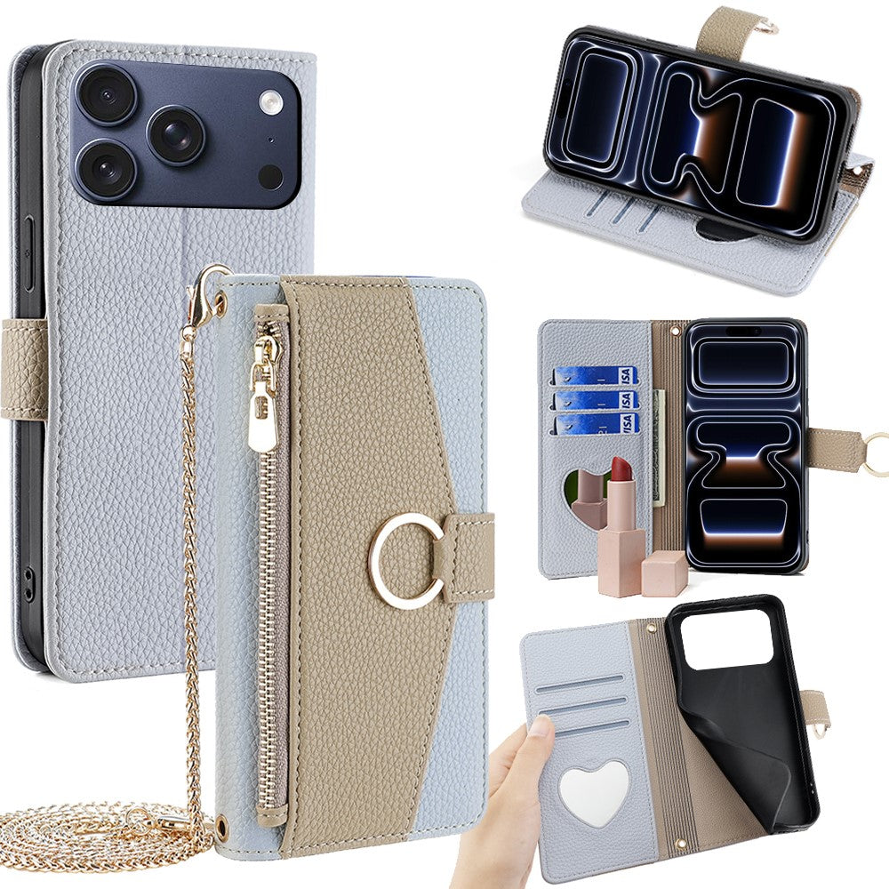 iPhone 17 Pro Wallet-Hülle – Litschi-Textur, mit Spiegel & Kettenschultergurt