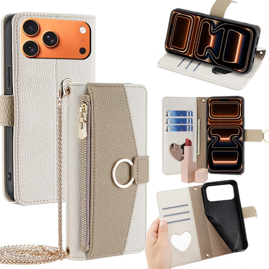 iPhone 17 Pro Max Wallet-Hülle – Litschi-Textur, mit Spiegel & Kettenschultergurt