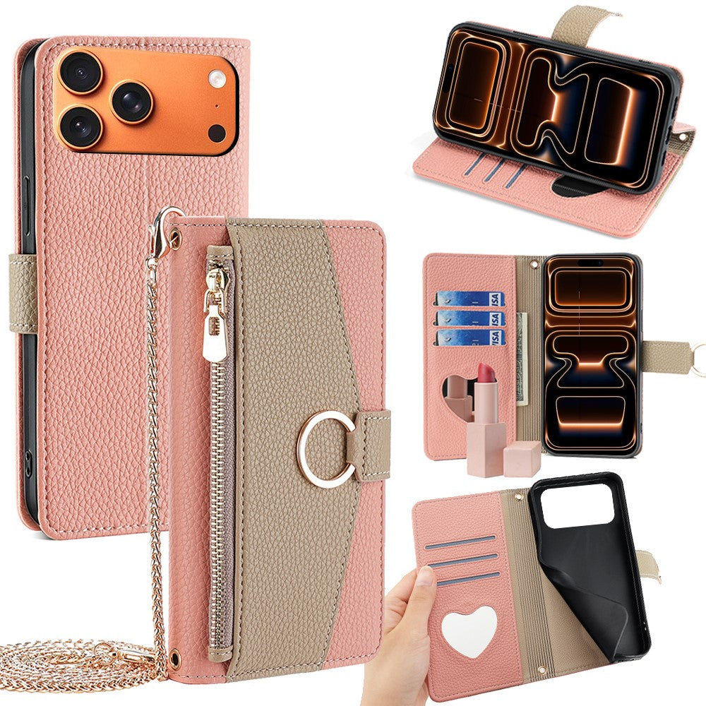iPhone 17 Pro Max Wallet-Hülle – Litschi-Textur, mit Spiegel & Kettenschultergurt