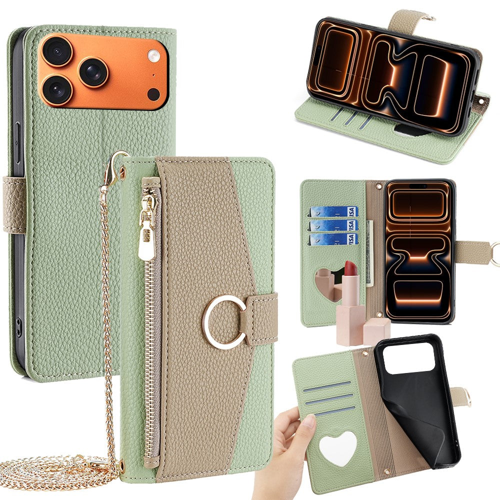 iPhone 17 Pro Max Wallet-Hülle – Litschi-Textur, mit Spiegel & Kettenschultergurt