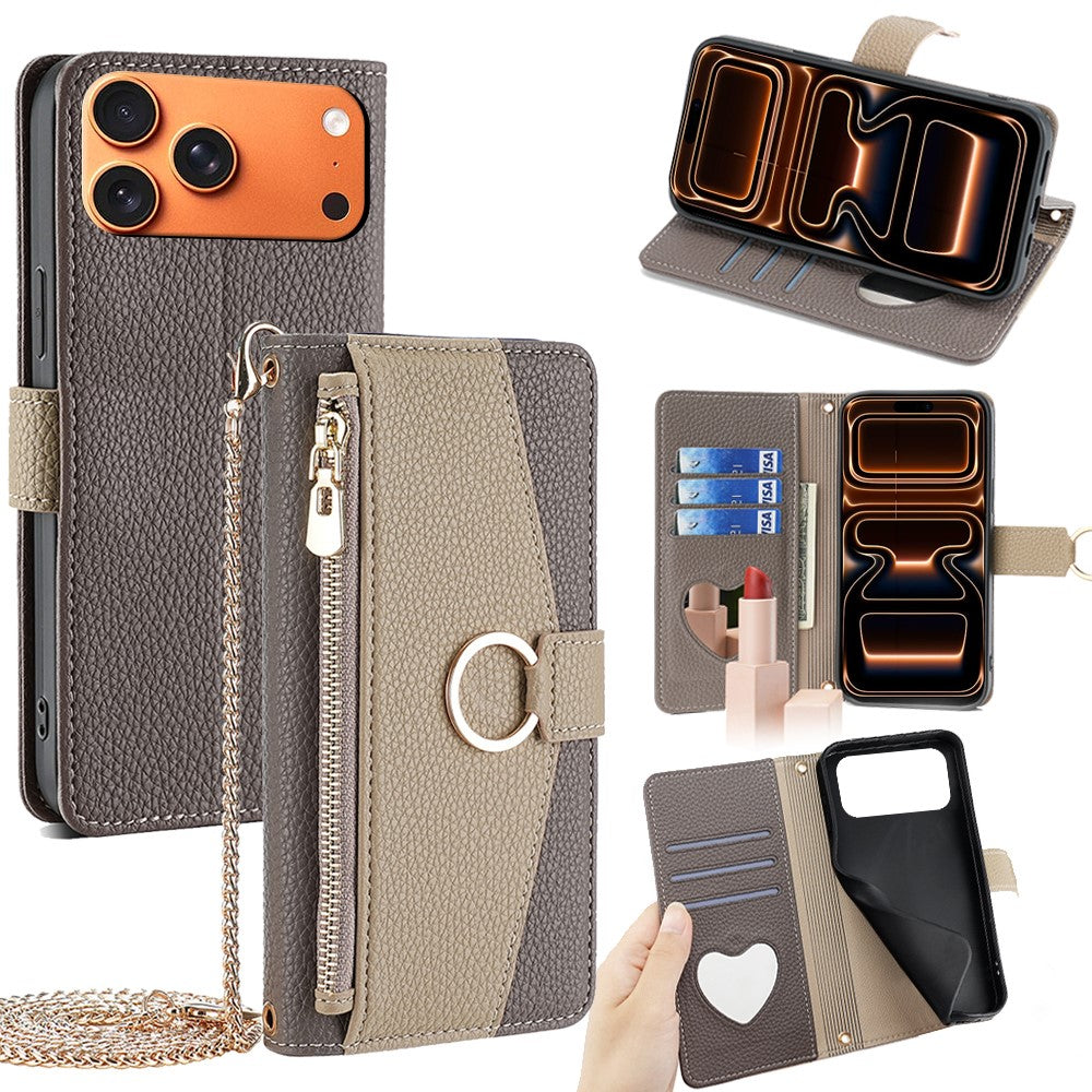 iPhone 17 Pro Max Wallet-Hülle – Litschi-Textur, mit Spiegel & Kettenschultergurt