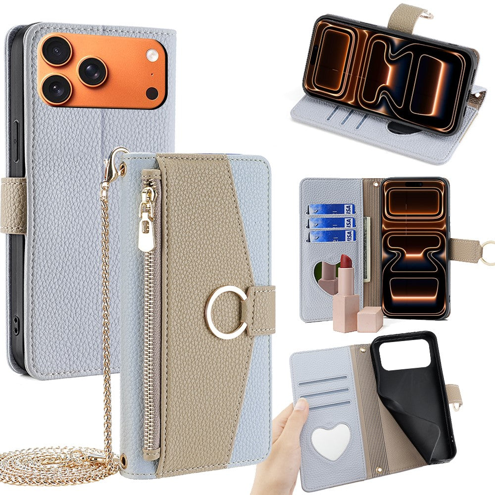 iPhone 17 Pro Max Wallet-Hülle – Litschi-Textur, mit Spiegel & Kettenschultergurt