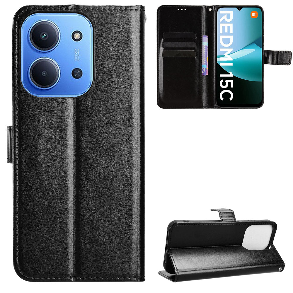 For Xiaomi Redmi 15C 5G (EU) (173mm) / Xiaomi Redmi 15C 4G (EU) (173mm) PU Leather Case with Strap Crazy Horse Texture Phone Wallet Cover