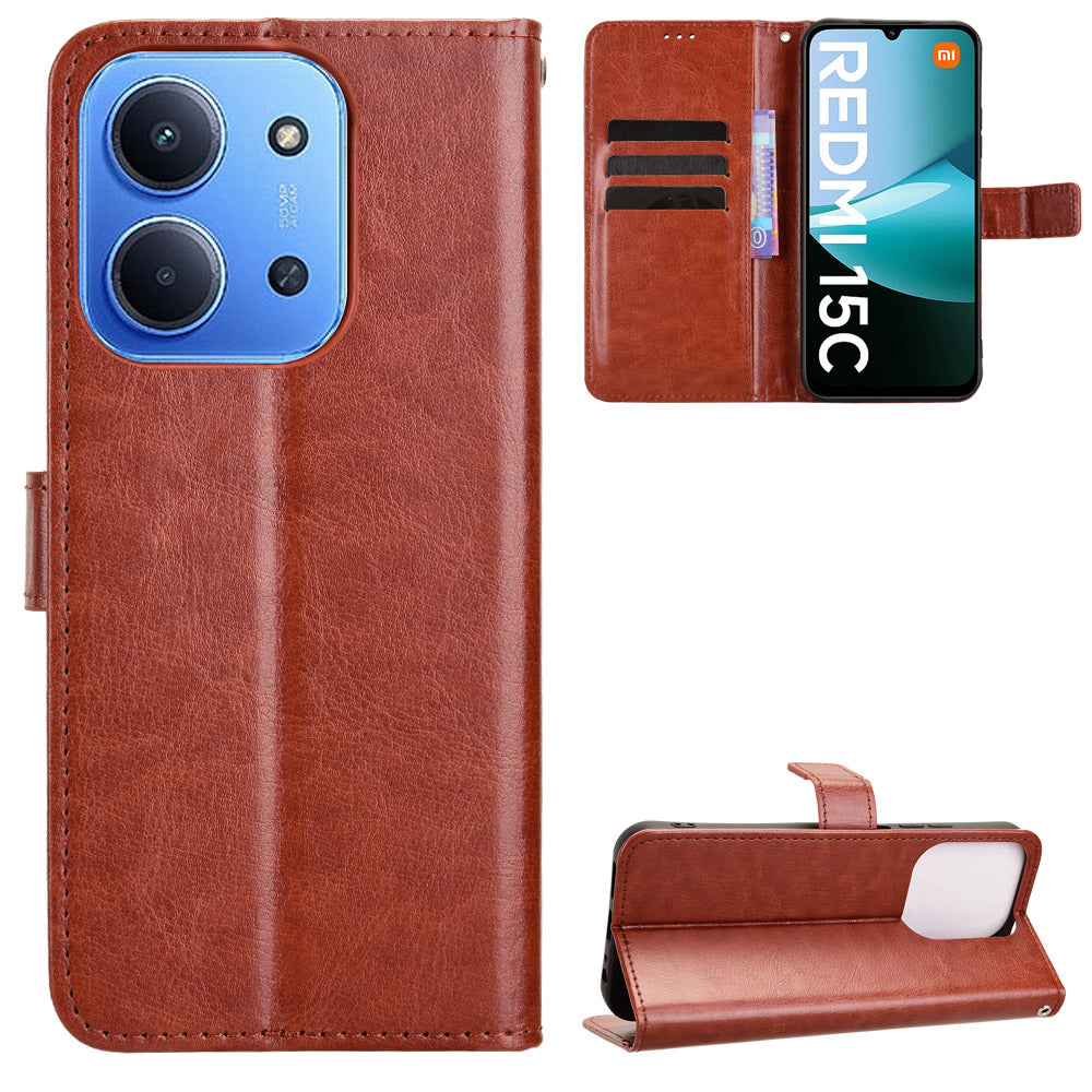 For Xiaomi Redmi 15C 5G (EU) (173mm) / Xiaomi Redmi 15C 4G (EU) (173mm) PU Leather Case with Strap Crazy Horse Texture Phone Wallet Cover