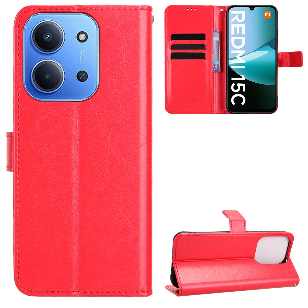 For Xiaomi Redmi 15C 5G (EU) (173mm) / Xiaomi Redmi 15C 4G (EU) (173mm) PU Leather Case with Strap Crazy Horse Texture Phone Wallet Cover
