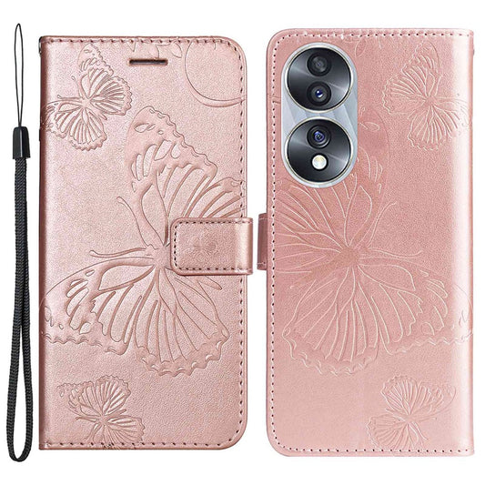 Honor 70 5G Handyhülle – Brieftaschenetui mit Blumen-Schmetterlings-Aufdruck, Leder- mit Ständer
