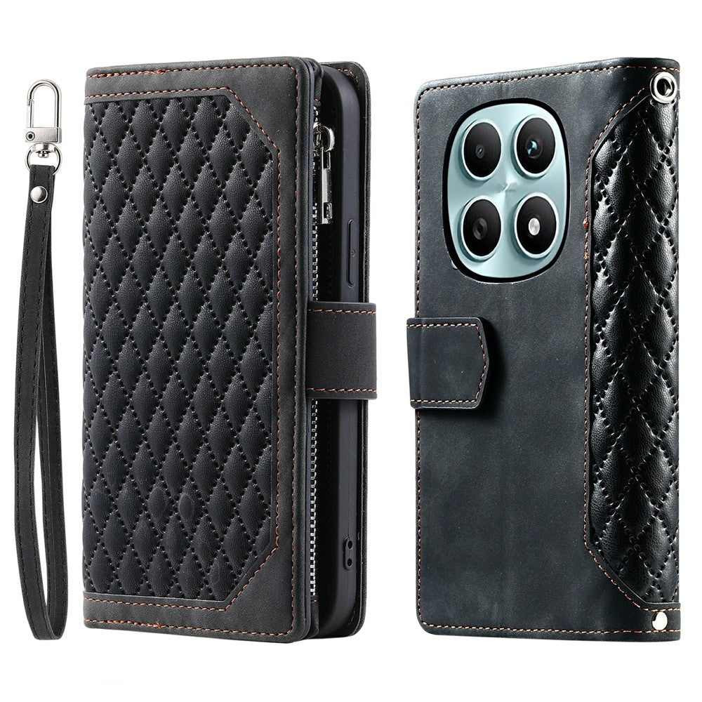 For Xiaomi Poco M8 5G / Redmi Note 15 5G (Global) Wallet Case Rhombus Stitching Line PU Leather Phone Cover with Wrist Strap