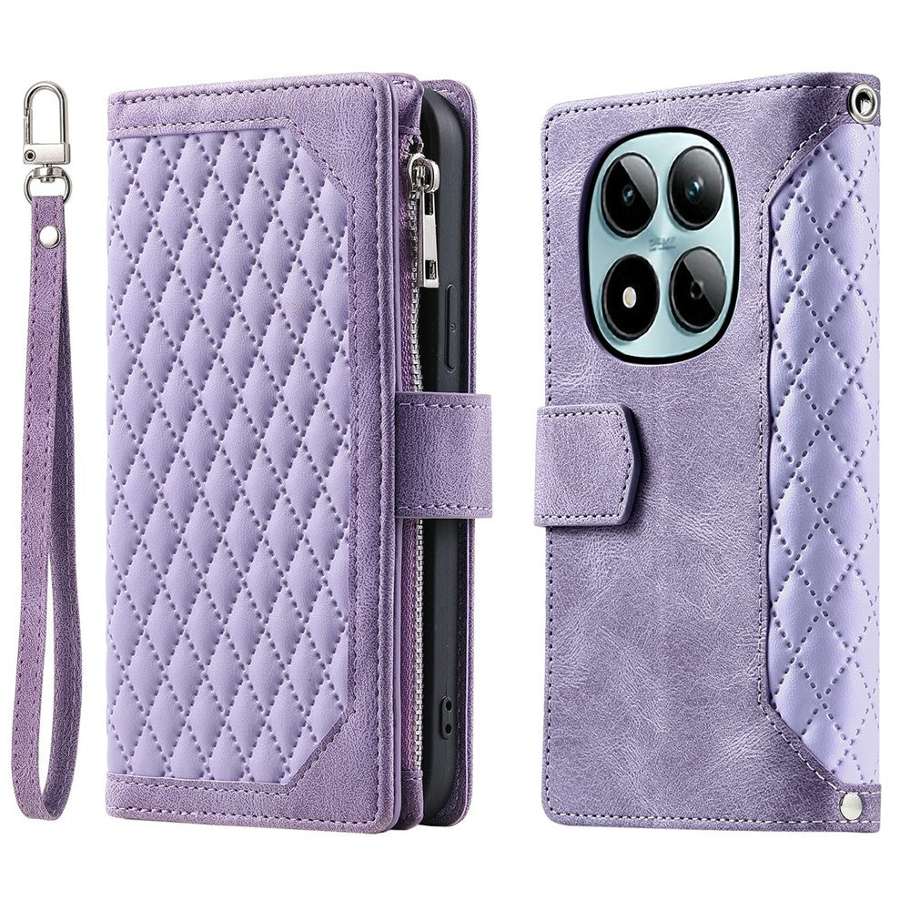 For Xiaomi Redmi Note 15 Pro 5G (Global) Wallet Case Rhombus Stitching Line PU Leather Phone Cover with Wrist Strap