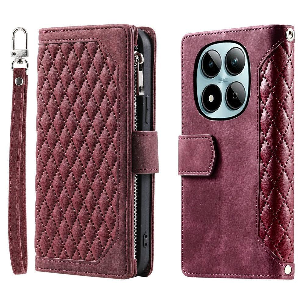 For Xiaomi Redmi Note 15 Pro 5G (Global) Wallet Case Rhombus Stitching Line PU Leather Phone Cover with Wrist Strap