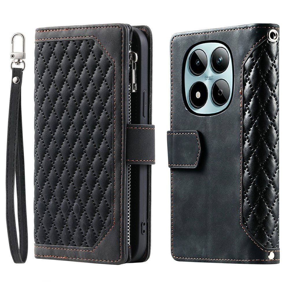 For Xiaomi Redmi Note 15 Pro 5G (Global) Wallet Case Rhombus Stitching Line PU Leather Phone Cover with Wrist Strap