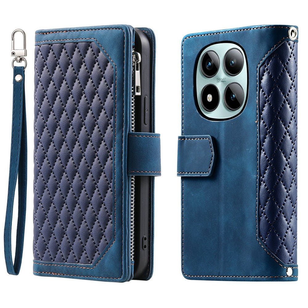 For Xiaomi Poco M8 Pro 5G / Redmi Note 15 Pro+ 5G (Global) Wallet Case Rhombus Stitching Line PU Leather Phone Cover with Wrist Strap