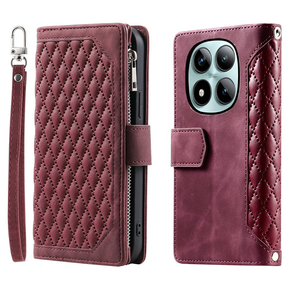 For Xiaomi Poco M8 Pro 5G / Redmi Note 15 Pro+ 5G (Global) Wallet Case Rhombus Stitching Line PU Leather Phone Cover with Wrist Strap