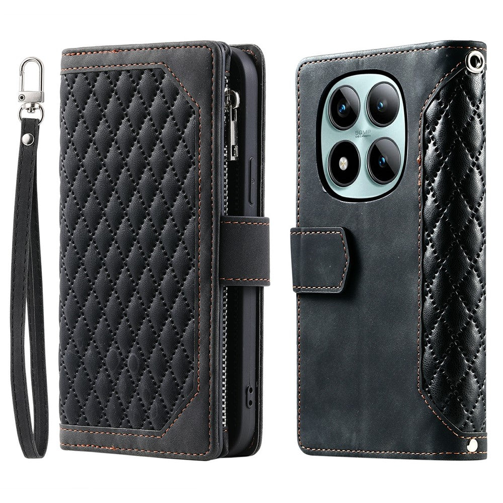 For Xiaomi Poco M8 Pro 5G / Redmi Note 15 Pro+ 5G (Global) Wallet Case Rhombus Stitching Line PU Leather Phone Cover with Wrist Strap