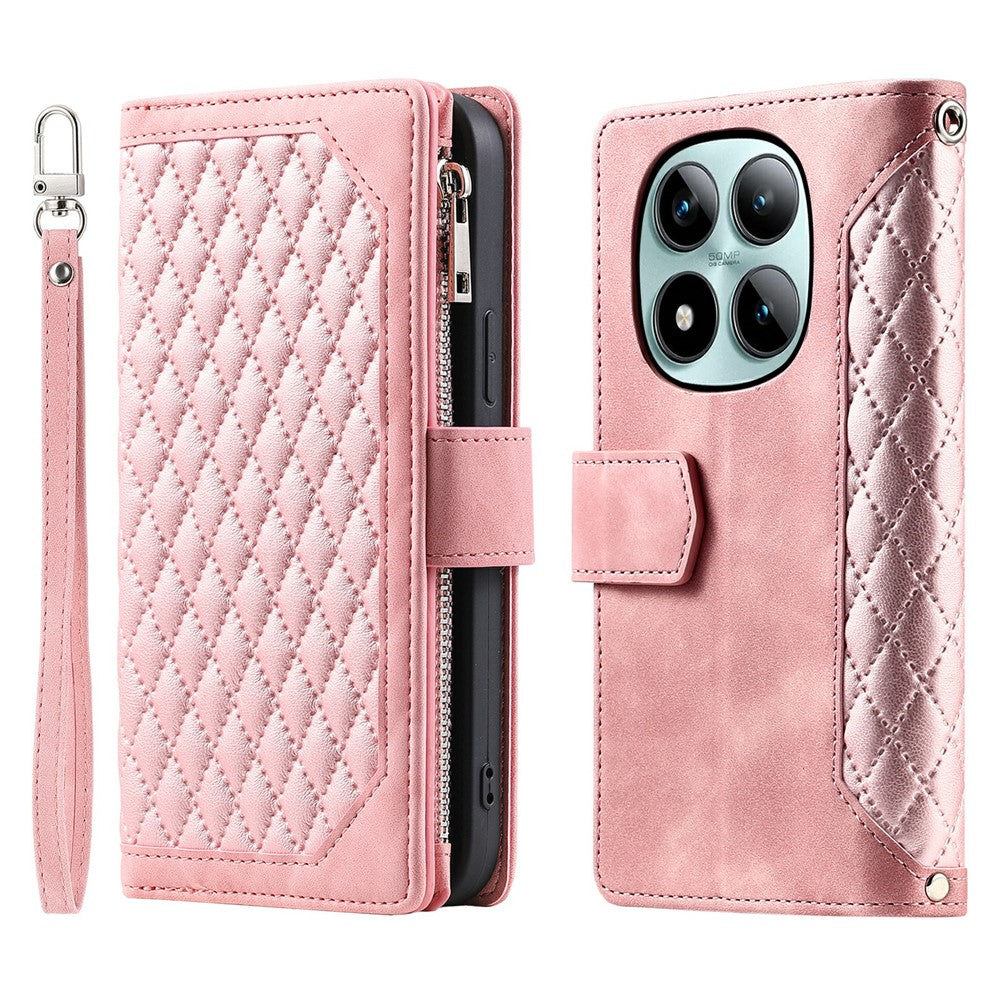 For Xiaomi Poco M8 Pro 5G / Redmi Note 15 Pro+ 5G (Global) Wallet Case Rhombus Stitching Line PU Leather Phone Cover with Wrist Strap
