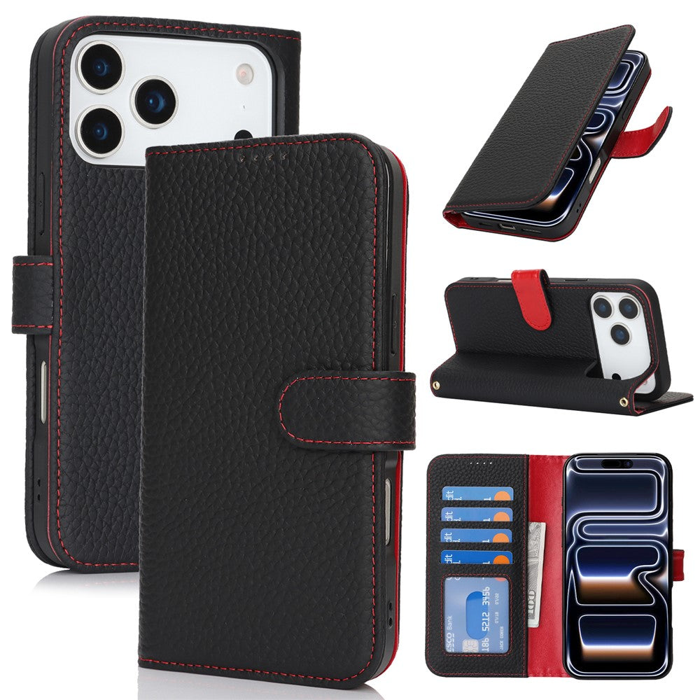 For iPhone 18 Pro / 17 Pro Stand Case Litchi Texture Genuine Cow Leather Wallet Phone Cover RFID Blocking