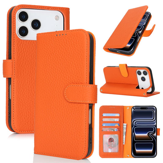For iPhone 18 Pro / 17 Pro Stand Case Litchi Texture Genuine Cow Leather Wallet Phone Cover RFID Blocking