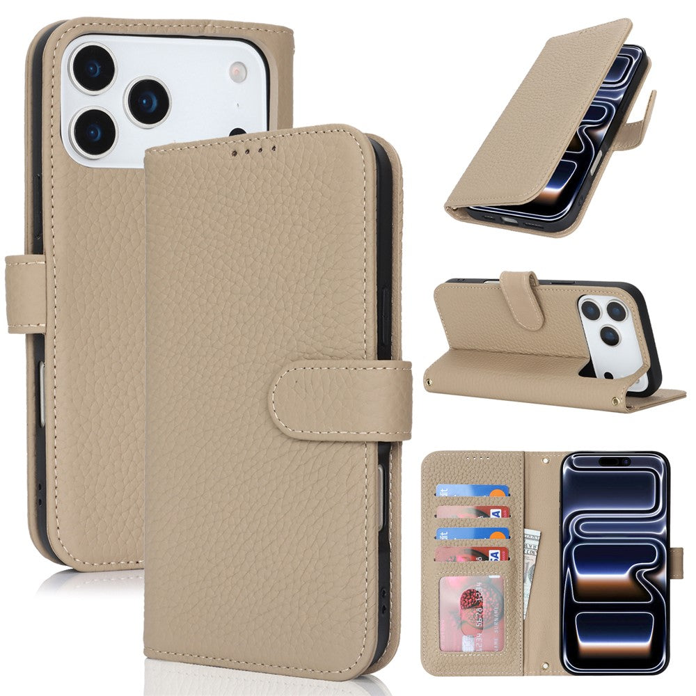 For iPhone 18 Pro / 17 Pro Stand Case Litchi Texture Genuine Cow Leather Wallet Phone Cover RFID Blocking