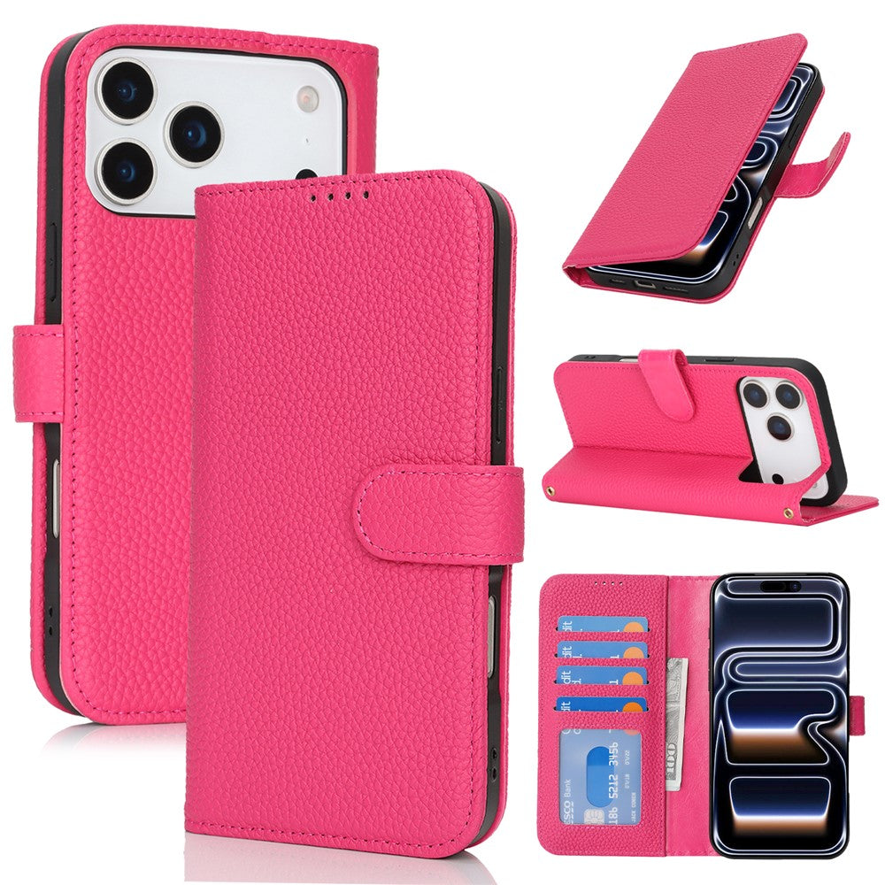 For iPhone 18 Pro / 17 Pro Stand Case Litchi Texture Genuine Cow Leather Wallet Phone Cover RFID Blocking