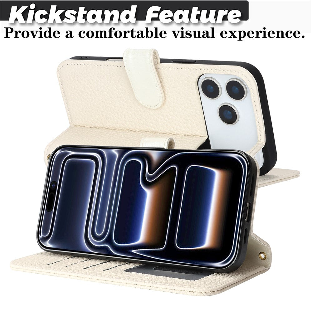 For iPhone 18 Pro / 17 Pro Stand Case Litchi Texture Genuine Cow Leather Wallet Phone Cover RFID Blocking