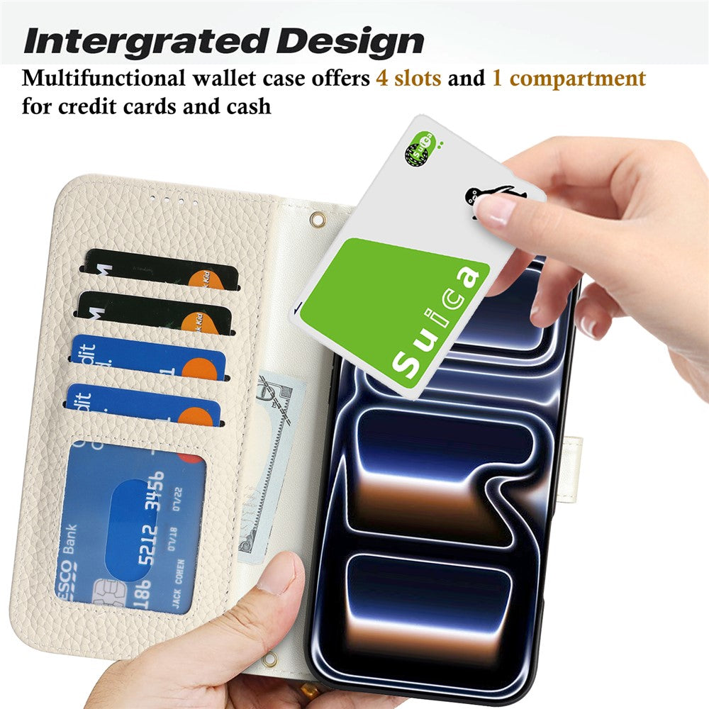 For iPhone 18 Pro / 17 Pro Stand Case Litchi Texture Genuine Cow Leather Wallet Phone Cover RFID Blocking