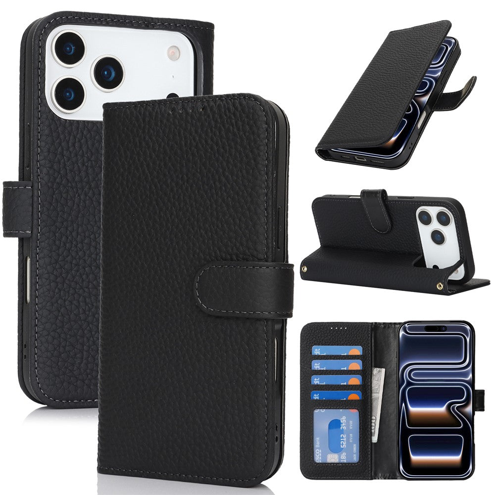 For iPhone 18 Pro Max / 17 Pro Max Stand Case Litchi Texture Genuine Cow Leather Wallet Phone Cover RFID Blocking