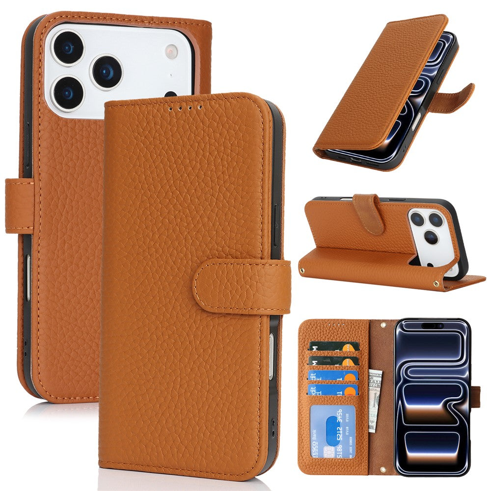 For iPhone 18 Pro Max / 17 Pro Max Stand Case Litchi Texture Genuine Cow Leather Wallet Phone Cover RFID Blocking