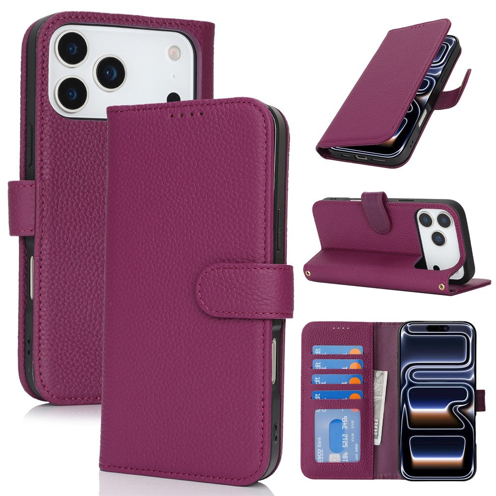 For iPhone 18 Pro Max / 17 Pro Max Stand Case Litchi Texture Genuine Cow Leather Wallet Phone Cover RFID Blocking