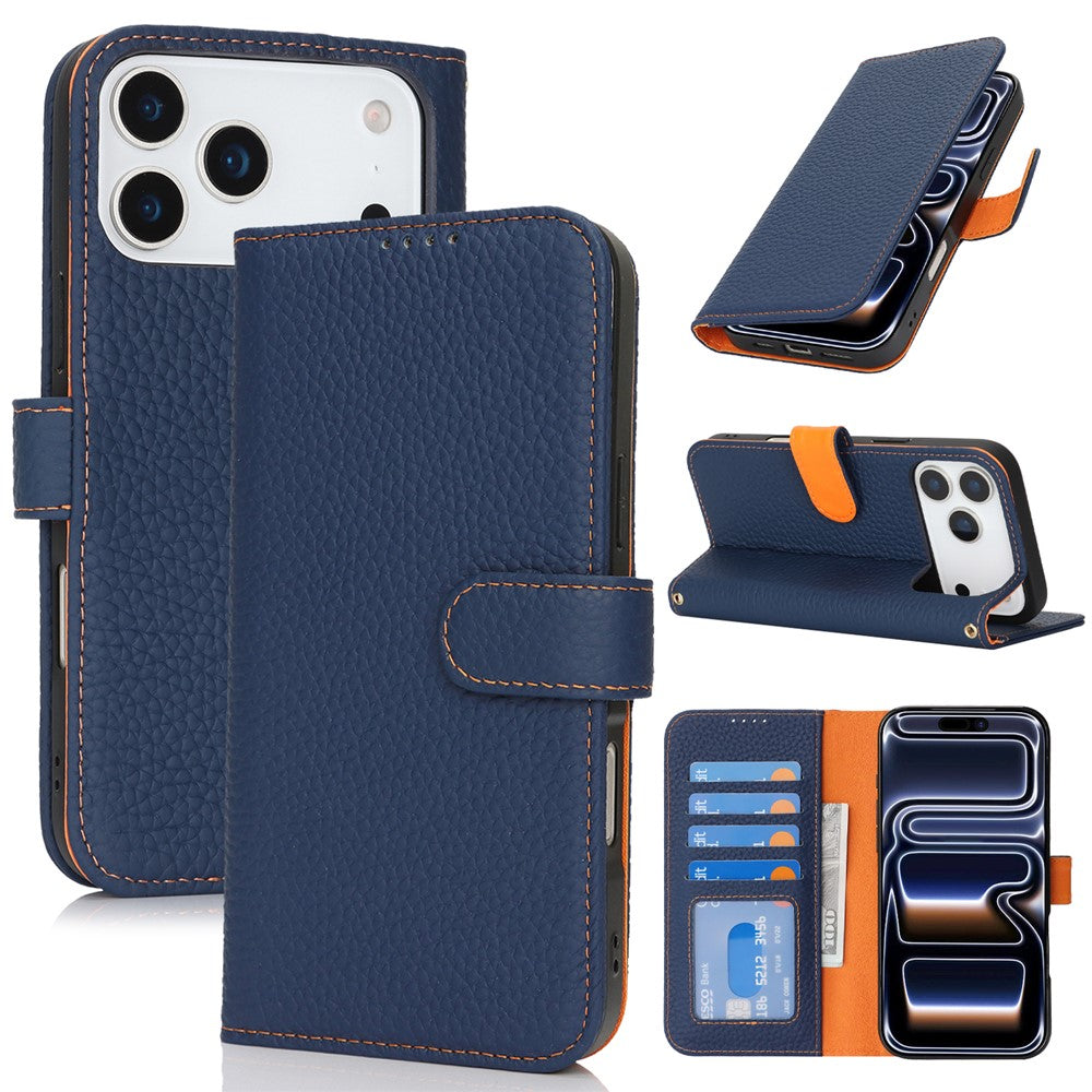 For iPhone 18 Pro Max / 17 Pro Max Stand Case Litchi Texture Genuine Cow Leather Wallet Phone Cover RFID Blocking
