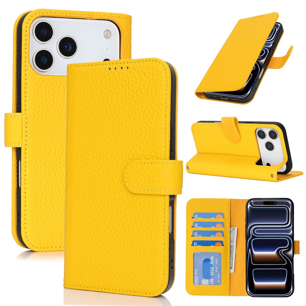 For iPhone 18 Pro Max / 17 Pro Max Stand Case Litchi Texture Genuine Cow Leather Wallet Phone Cover RFID Blocking