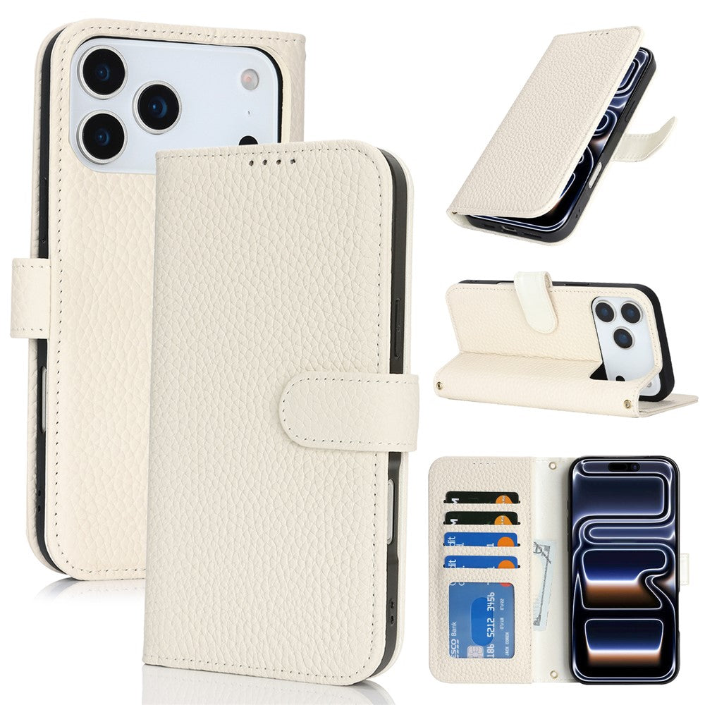 For iPhone 18 Pro Max / 17 Pro Max Stand Case Litchi Texture Genuine Cow Leather Wallet Phone Cover RFID Blocking