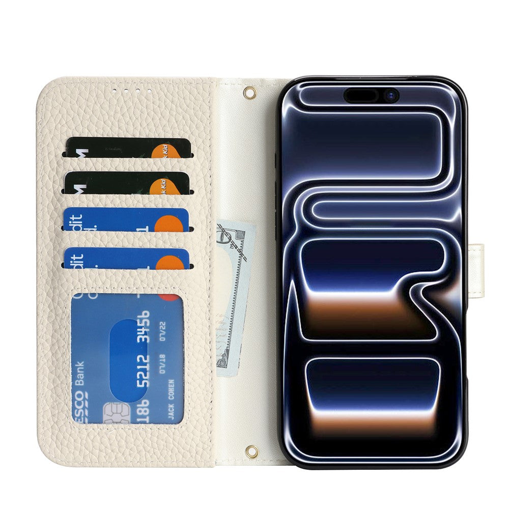 For iPhone 18 Pro Max / 17 Pro Max Stand Case Litchi Texture Genuine Cow Leather Wallet Phone Cover RFID Blocking