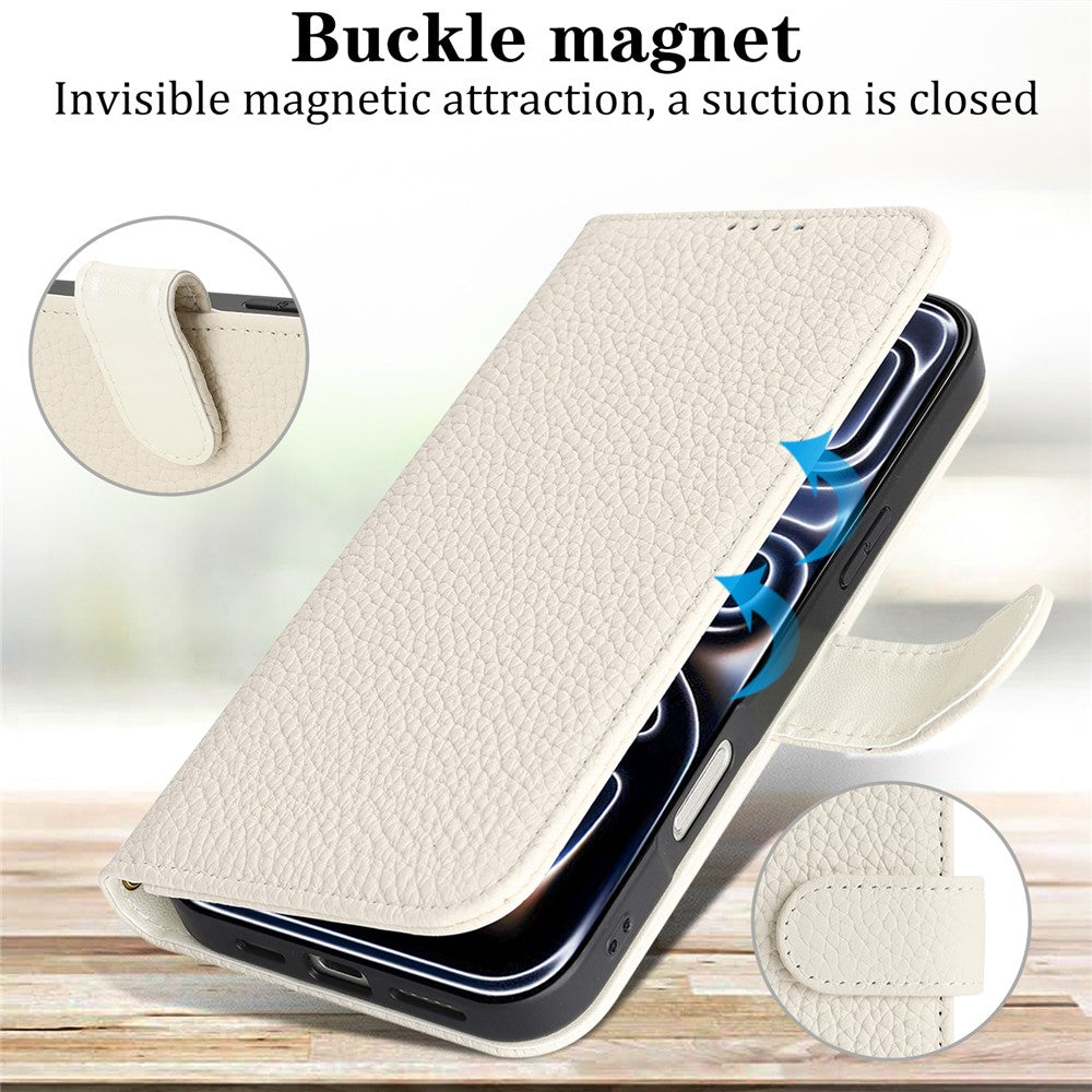 For iPhone 18 Pro Max / 17 Pro Max Stand Case Litchi Texture Genuine Cow Leather Wallet Phone Cover RFID Blocking