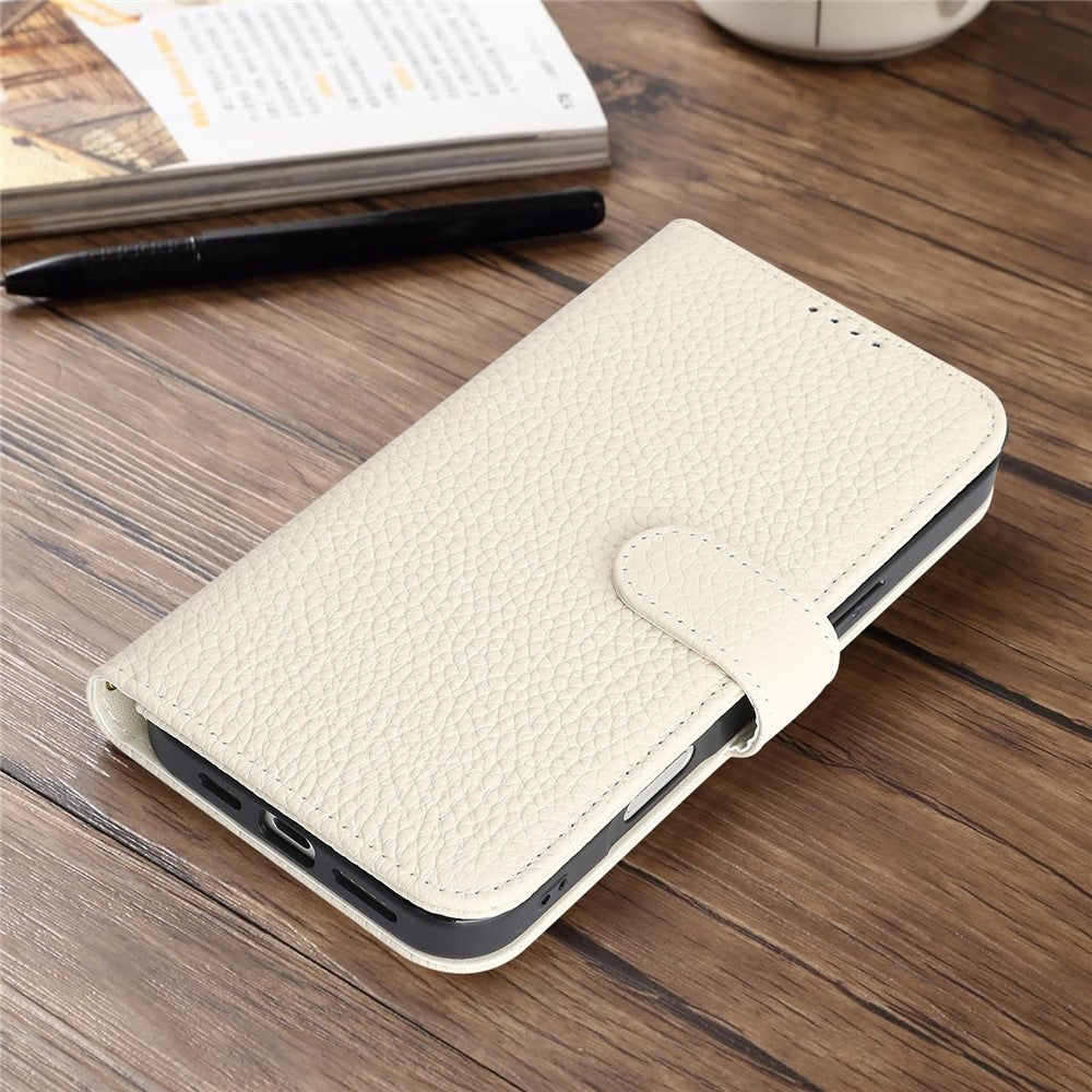 For iPhone 18 Pro Max / 17 Pro Max Stand Case Litchi Texture Genuine Cow Leather Wallet Phone Cover RFID Blocking