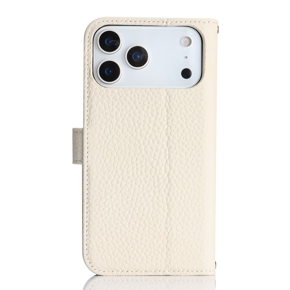 For iPhone 18 Pro Max / 17 Pro Max Stand Case Litchi Texture Genuine Cow Leather Wallet Phone Cover RFID Blocking