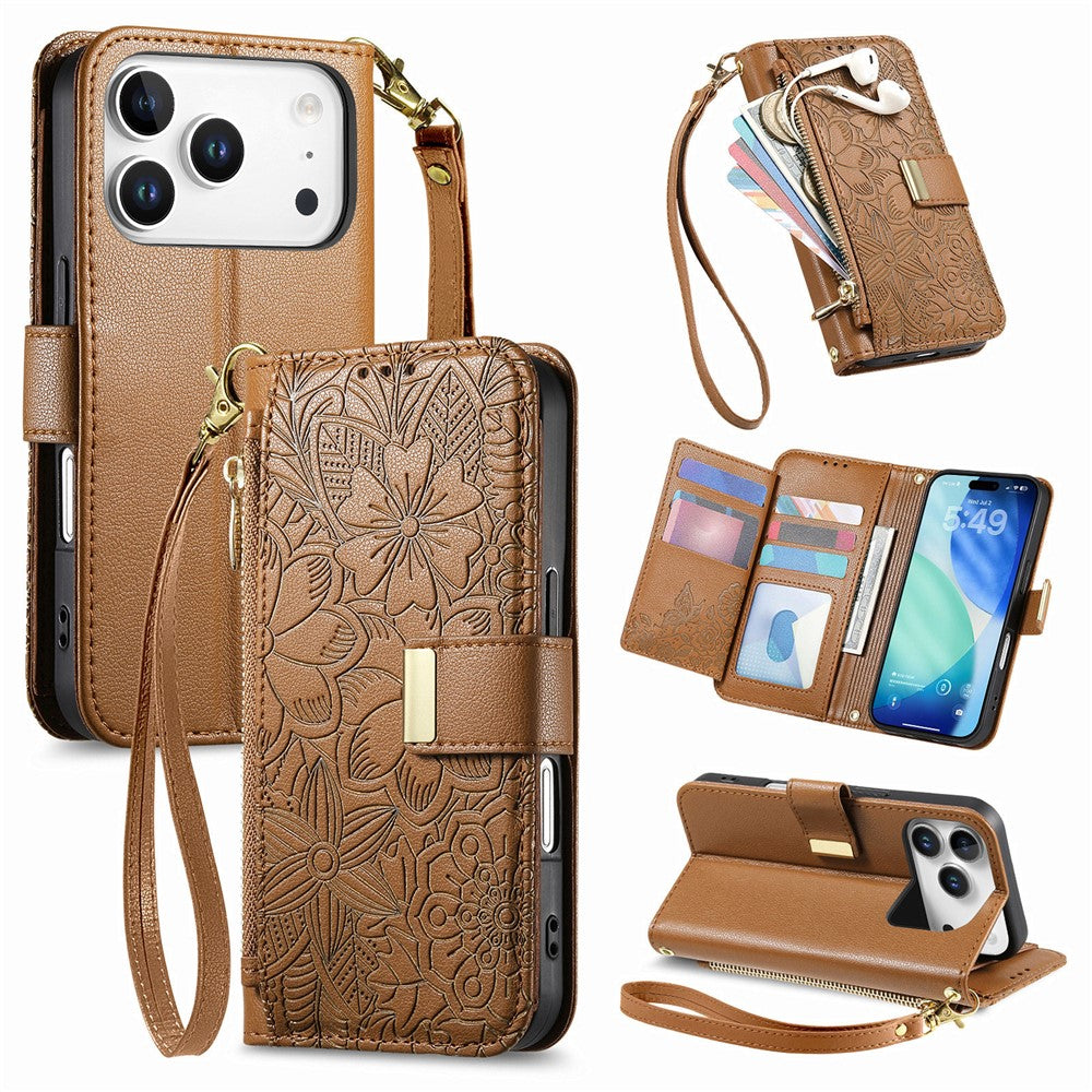 iPhone 17 Pro Max Wallet-Hülle – Blumenblattmuster, Reißverschluss & Handschlaufe