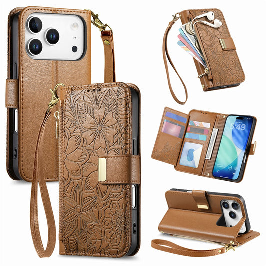 iPhone 17 Pro Max Wallet-Hülle – Blumenblattmuster, Reißverschluss & Handschlaufe