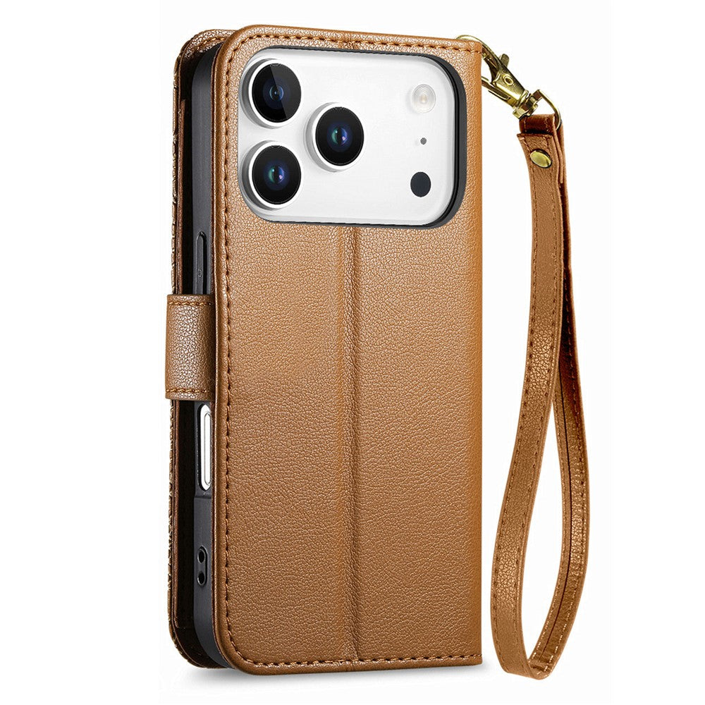 iPhone 17 Pro Max Wallet-Hülle – Blumenblattmuster, Reißverschluss & Handschlaufe