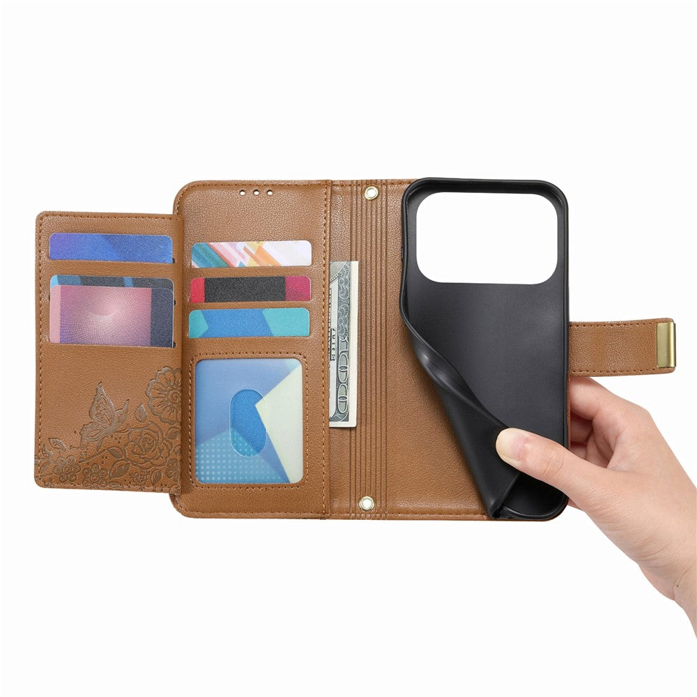 iPhone 17 Pro Max Wallet-Hülle – Blumenblattmuster, Reißverschluss & Handschlaufe