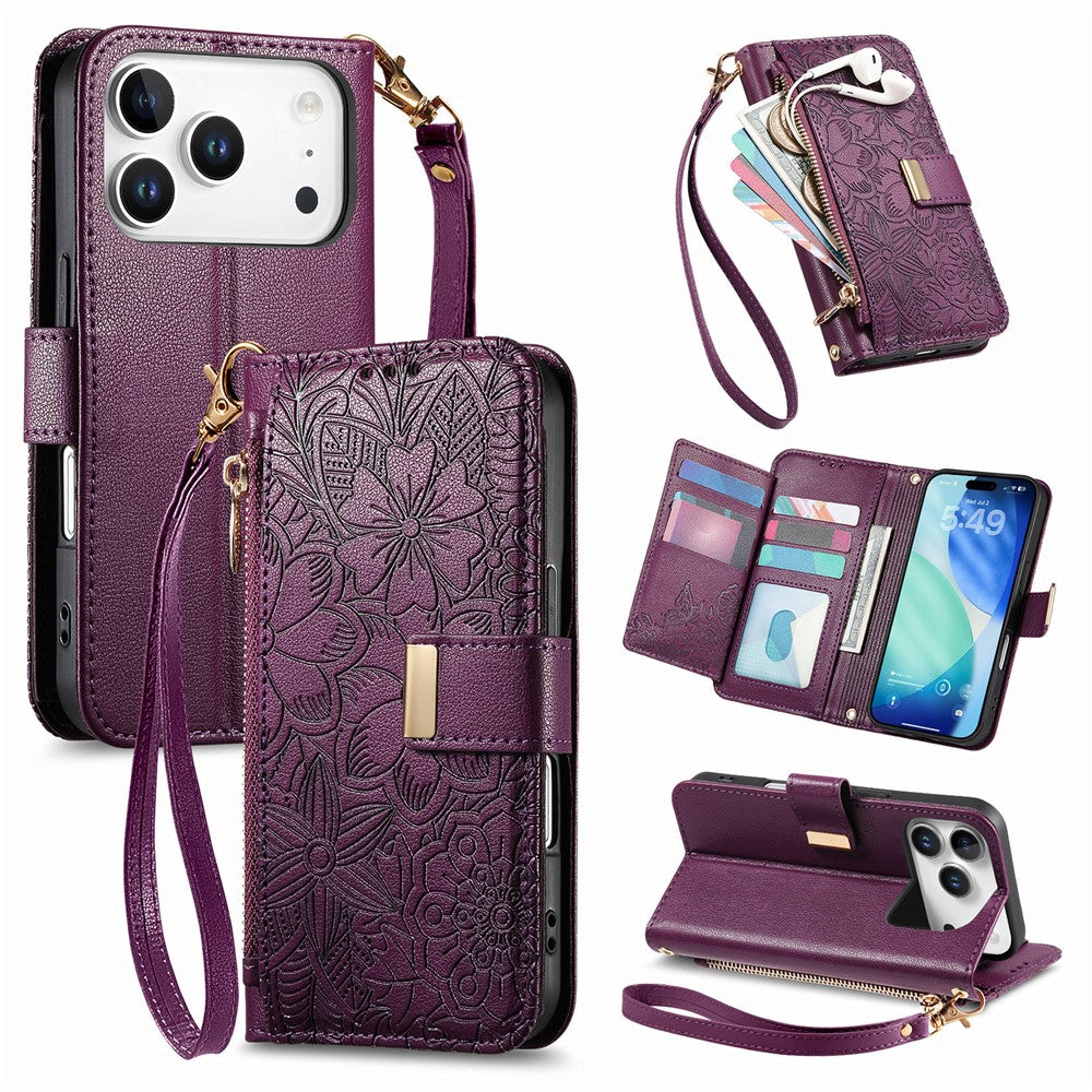 iPhone 17 Pro Max Wallet-Hülle – Blumenblattmuster, Reißverschluss & Handschlaufe