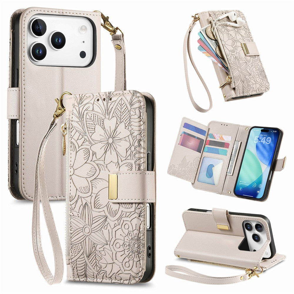 iPhone 17 Pro Max Wallet-Hülle – Blumenblattmuster, Reißverschluss & Handschlaufe