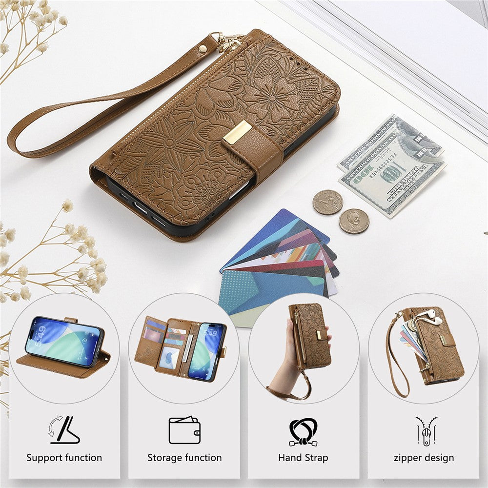 iPhone 17 Pro Wallet-Hülle – Blumenblattmuster, Reißverschluss & Handschlaufe