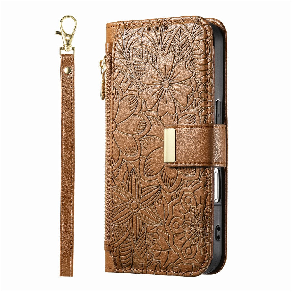 iPhone 17 Pro Wallet-Hülle – Blumenblattmuster, Reißverschluss & Handschlaufe